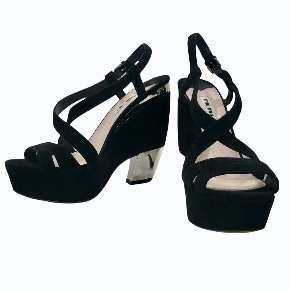 MIU MIU BLACK SUEDE AND MIRROR PLATFORM SANDALS